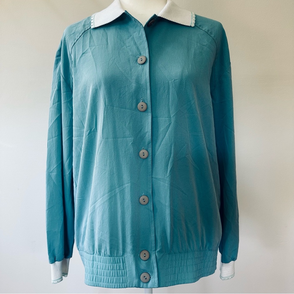 Vintage 80s Teddi Silk Bomber Jacket Womens Sz Large Blue Granny Corp Spring